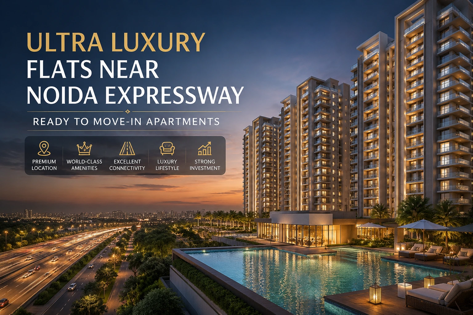 Luxury flats near Noida Expressway with premium amenities and skyline view